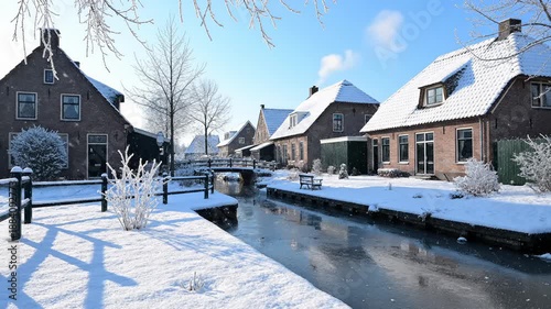 Canal Houses Covered in Snow in Giethoorn Village, Netherlands