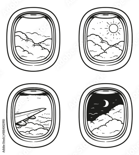 Hand drawn line art airplane window set featuring clouds, sun, moon and an airplane wing for travel and flight concepts
