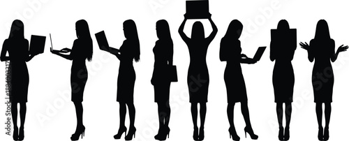 Business woman silhouette set showing professional female poses with laptop documents presentation confident office work vector illustration design branding usage