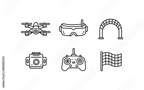 Drone racing equipment icons: quadcopter, goggles, gate, camera, controller, flag