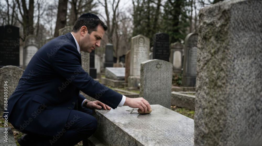 Fototapeta premium Man placing a stone on a tombstone in a Jewish graveyard. Grief and remembrance concept for funeral and memorial rite.
