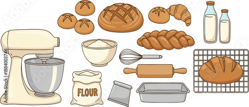 Bread Baking Illustration Set Featuring Stand Mixer, Dough Ingredients, Rolling Pin, Whisk, Bread Loaves, Milk Bottles, and Bakeware Tools