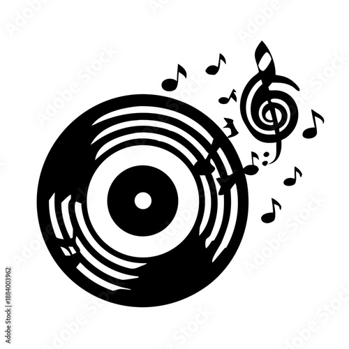 vinyl record with musical notes spiraling out icon silhouette illustration for music and retro design