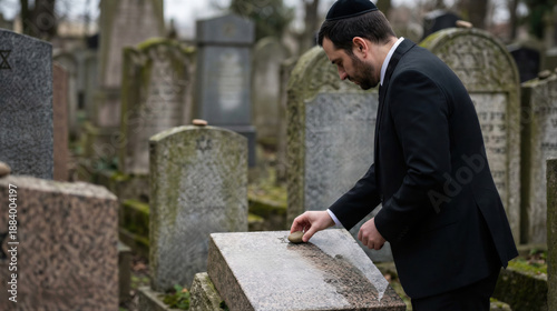 Young Jewish man places a stone on a tombstone at a graveyard. Mourning and remembrance ritual, a memorial for deceased loved ones.