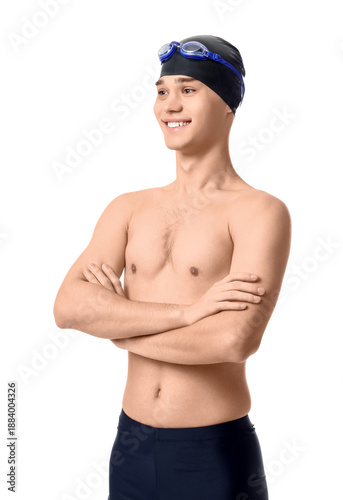 Young male swimmer on white...