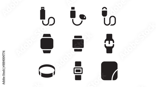 Collection of various wearable technology devices and accessories displayed in a grid pattern