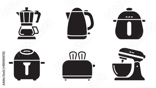 Collection of kitchen appliances icons in black and white, viewed from the front, showcasing various household devices