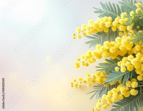 ゆめかわいいミモザの花とラメの背景。Generated AI