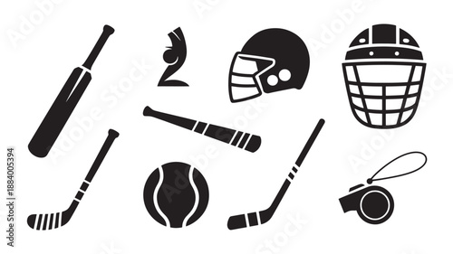 Collection of sports equipment icons including hockey sticks, baseball bat, whistle, ball, and protective gear displayed on a clean background