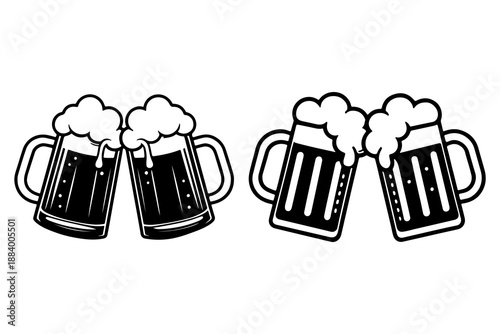 Clinking Beer Mugs Icon Set, Cheers Toast Symbol, Black and White Vector Illustration. Two Black Beer Mugs Clinking with Foam Vector Illustration.