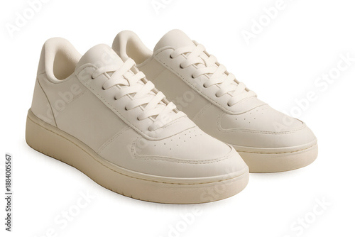 Pair of minimalist white leather sneakers isolated on transparent background, clean casual footwear PNG with alpha channel, high-quality fashion product for easy compositing.
