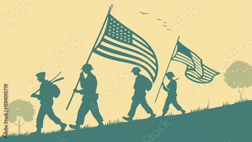 Patriotic soldiers marching uphill carrying large american flags during a solemn commemorative event