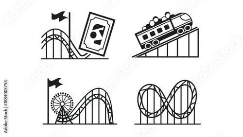 A set of black and white illustrations of different roller coasters