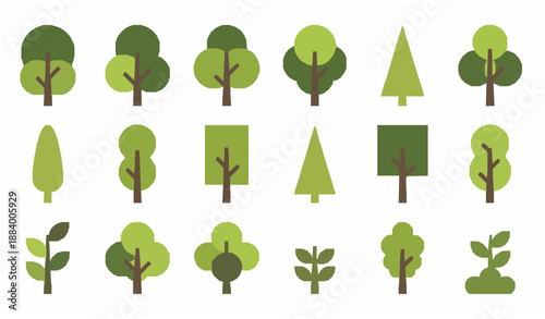 Modern tree icons vector collection with stylized botanical landscape elements