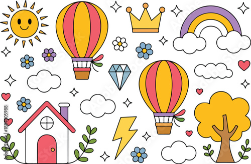 Cute Fantasy Outline Icon Set  Rainbow, House, Hot Air Balloons, and Dreamy Sky Elements