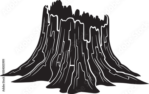 Textured tree stump silhouette illustration representing deforestation logging vector line art woodcut.