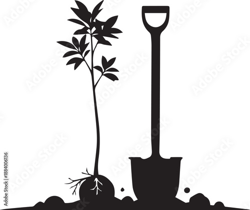 Young tree with roots and shovel silhouette illustration vector line art elements