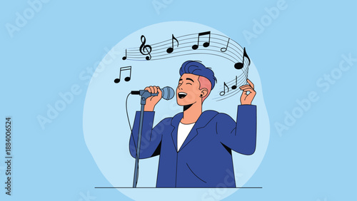 Young man happily singing into a microphone with musical notes floating around him during a karaoke or stage performance.