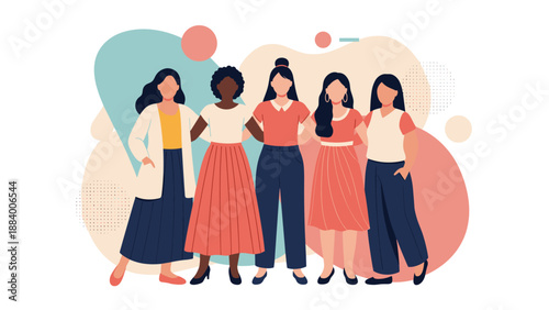 Diverse group of women standing together with arms around each other representing female empowerment and sisterhood.