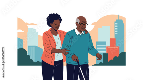 Kind young woman assisting a blind senior man with a white cane while walking through a busy city street together.
