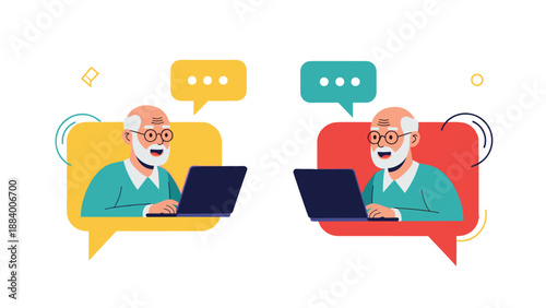 Two senior men communicating via video call on their laptops while sitting in colorful speech bubbles for modern chat.