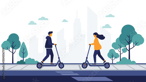 Young man and woman riding electric scooters on a city sidewalk with buildings and trees in the background for transport.