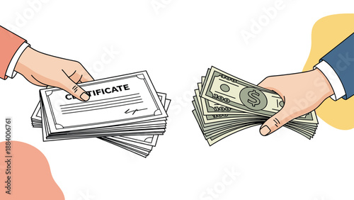 Close up of hands exchanging a stack of dollar bills for a legal certificate or document on a clean background.