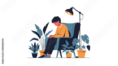 Sad young man sitting dejectedly in an armchair under a lamp surrounded by many potted plants in a quiet room.