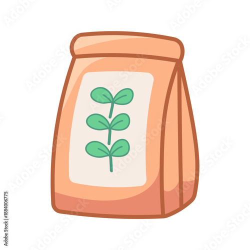 Cute seed packet with tiny seedlings. Kawaii vector illustration with outline, isolated on white background. Icon for cozy games, childrens decor, spring design