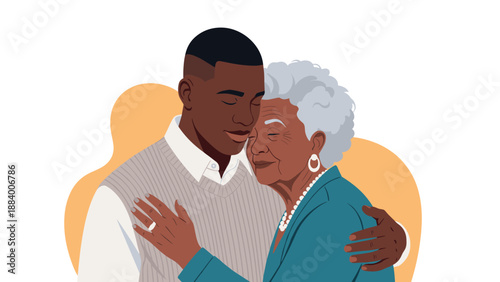 Heartwarming illustration of a young man embracing an elderly woman with love and affection on an abstract background.