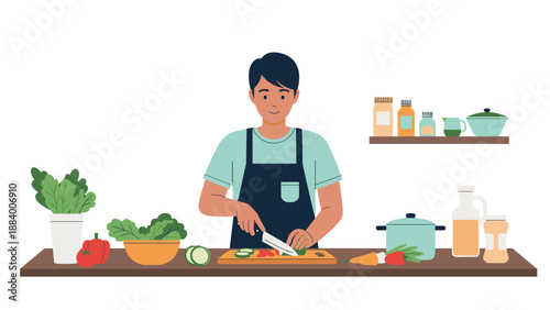 Young man wearing an apron standing in a modern kitchen and chopping fresh vegetables for a healthy meal preparation.