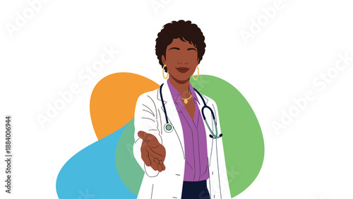 African american female doctor in a white lab coat extending her hand for a professional handshake in a healthcare setting.