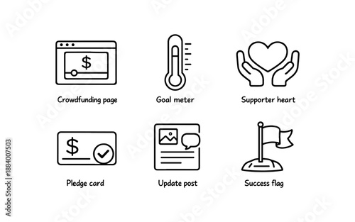 Crowdfunding icons set: fundraising, goals, support, and success elements