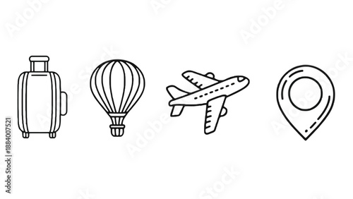 A set of travel icons including a suitcase, hot air balloon, airplane, and map pin.