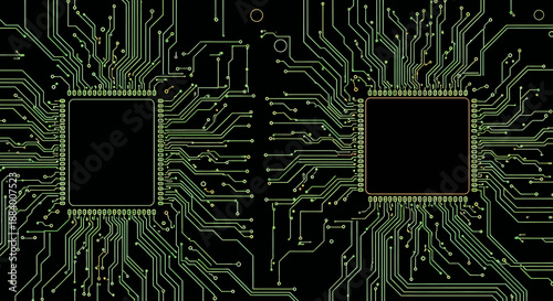 Intricate green electronic circuit board design with interconnected microchips on a dark background, representing advanced technology and digital infrastructure for modern computing