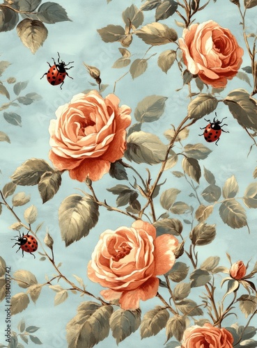 Vintage Rose Floral Pattern with Ladybugs on Soft Blue Background for Textile and Wallpaper Design