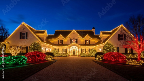 A large house with Christmas lights on the roof and bushes in the yard at night