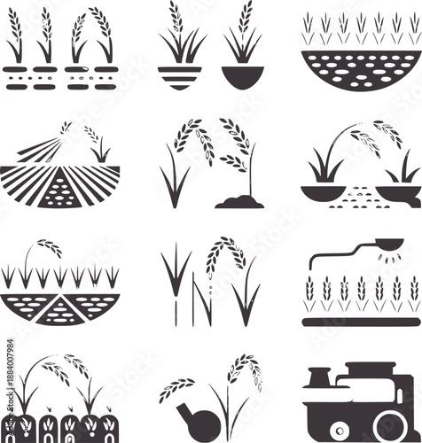 Black and of wheat plants and agricultural equipment agriculture potted