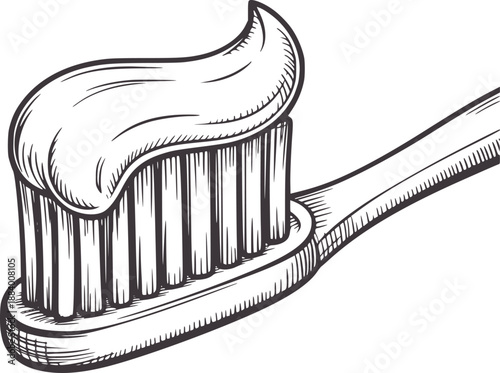 Detailed black and of a toothbrush with toothpaste white