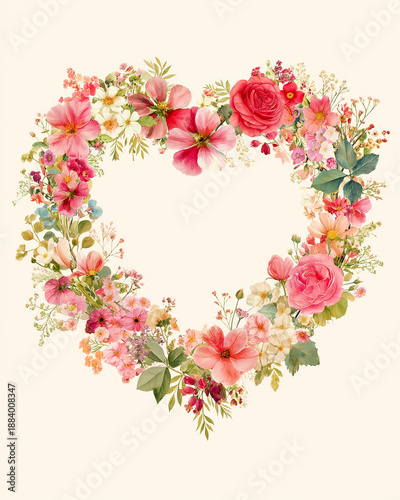 Heart wreath illustration, hand-drawn, colored pencil, soft romantic palette