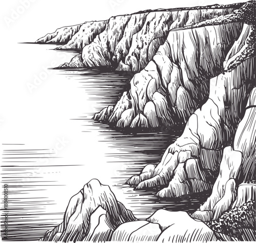 Rocky coastline with waves crashing against jagged cliffs in black and hand-drawn