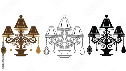 A set of three chandeliers in different colors and line styles