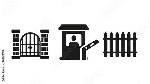 A security guard booth with a gate and fence on a white background