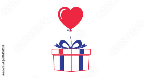 A heart-shaped balloon floats above a gift box tied with a bow, symbolizing love and presents for special occasions