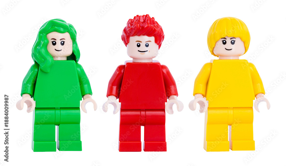 Fototapeta premium Dortmund - Deutschland 19. Januar 2026 - Lego Minifigur in grün, rot und gelb