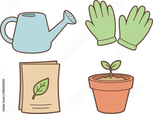 Gardening Tools Watering Can Gloves Seed Packet Sprout in Pot with White Background