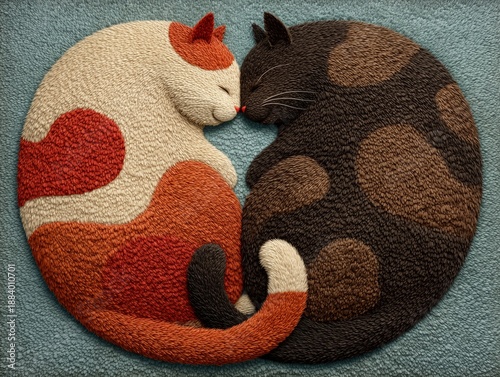 Two Tabby Cats Curled into a Perfect Heart Shape, Nuzzling on Soft Blue Background for Valentine's Day