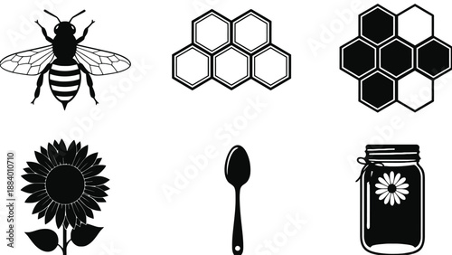 A black and white illustration of honey and bee related objects