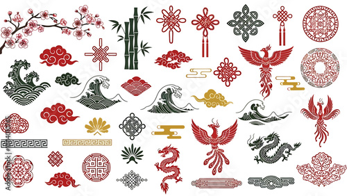 Exquisite collection of traditional East Asian decorative elements, featuring mythical creatures, natural motifs, and cultural symbols, perfect for intricate design projects