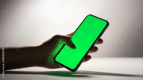 Silhouette of a Hand Holding and Using a Smartphone with Green Screen.